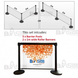 Banner Barrier Set - 3 x Black Posts + 2 x 1m Roller Banners